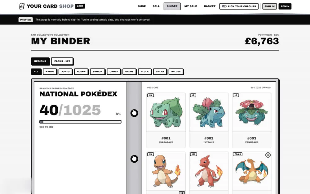 Collector binder with a Pokédex tracker and portfolio value
