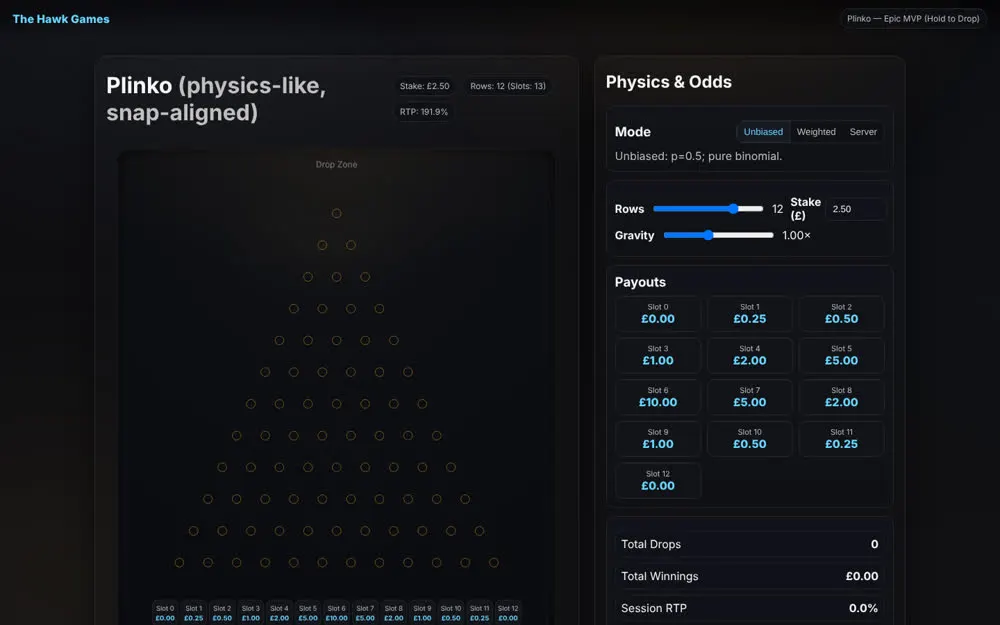 Plinko instant-win game prototype with odds controls