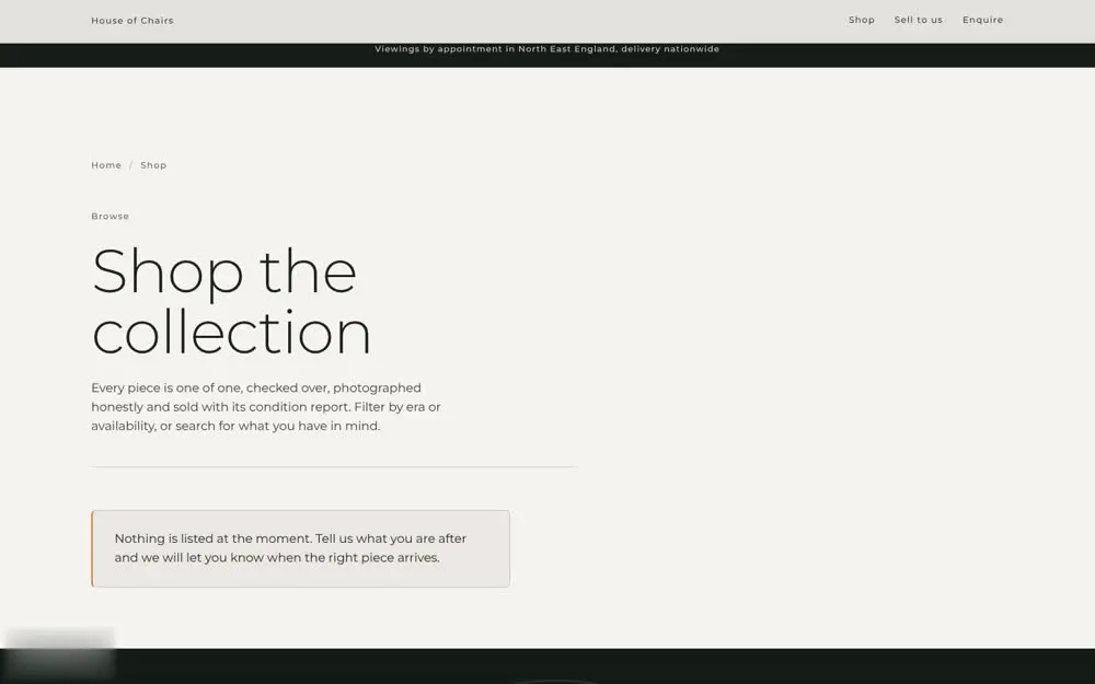 The shop page (empty state: no pieces listed without the database)