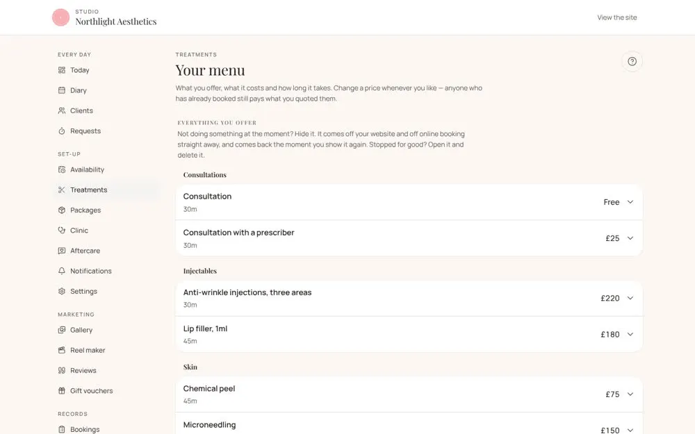 The menu, from consultations to fillers