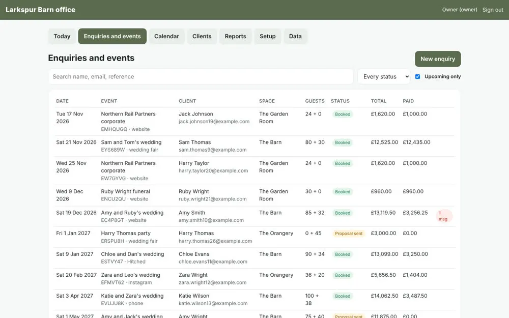 Every enquiry and event, with what is paid
