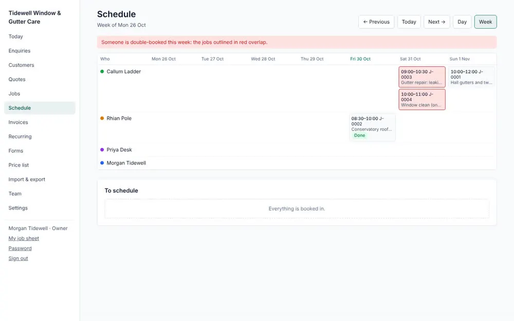 Week schedule with a double-booking warning