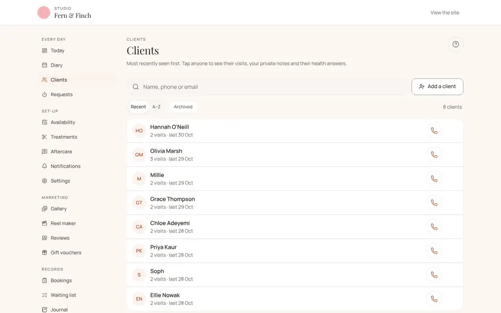Clients, visits and private notes