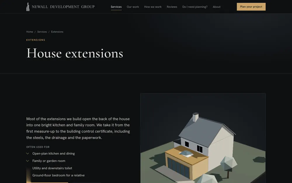 Service page for extensions with its own 3D model