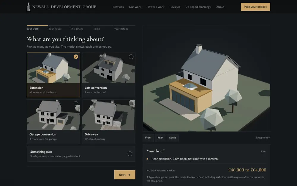 The project planner: pick the work, watch the model change, see a guide price