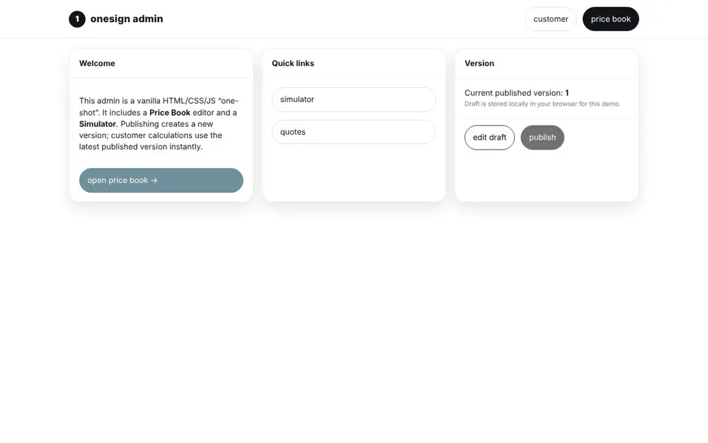 Admin console with price book and versioning