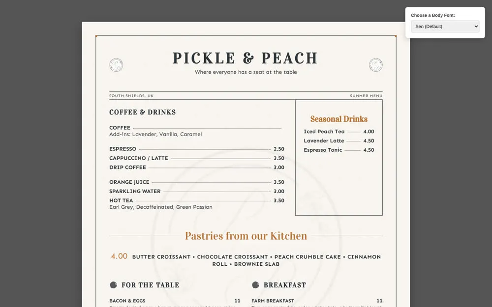 Designed summer menu