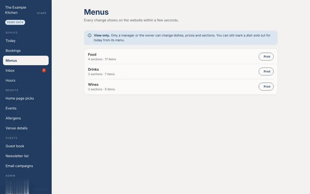 Menus and prices for the venue's website