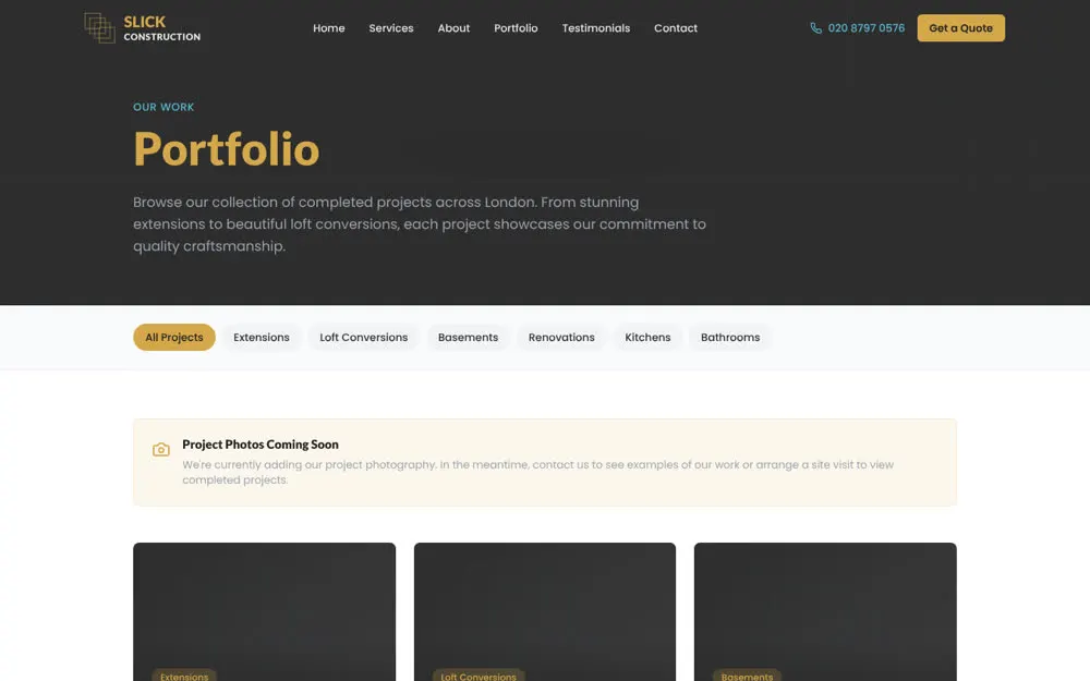 Portfolio with project filters (photography still to be added)