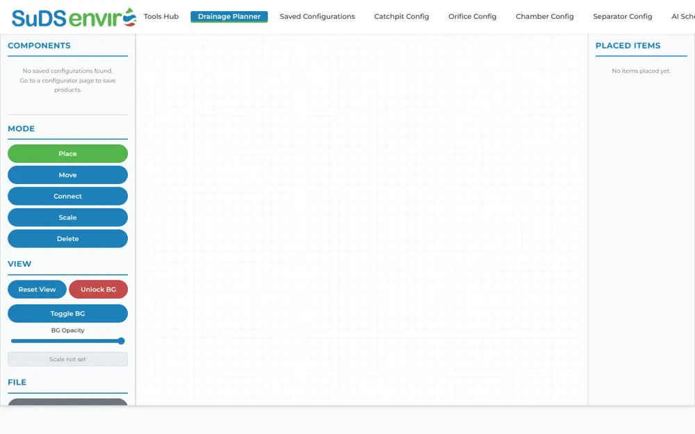 Drainage system planner (empty, no saved products)