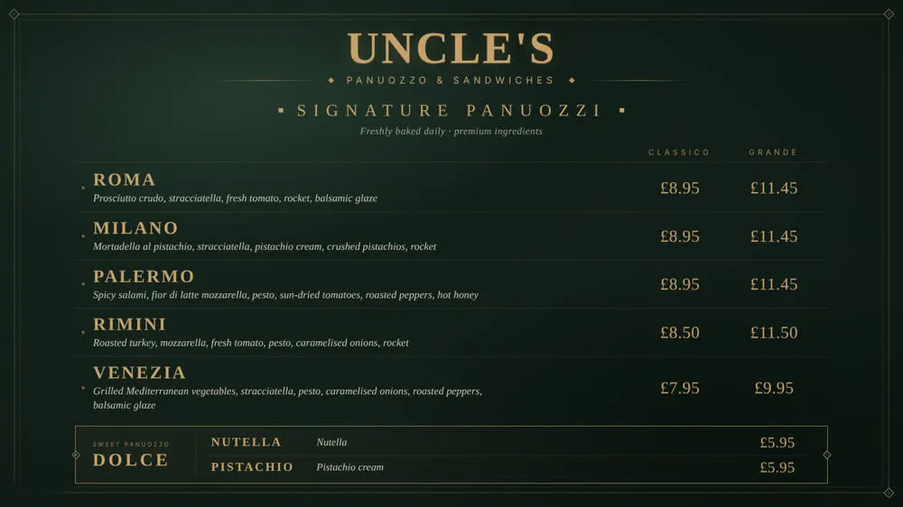 In-shop TV menu screen 1: signature panuozzi (1920x1080)