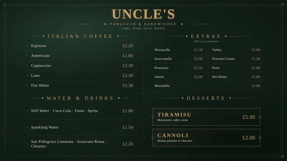 In-shop TV menu screen 2: coffee, drinks, extras and desserts (1920x1080)