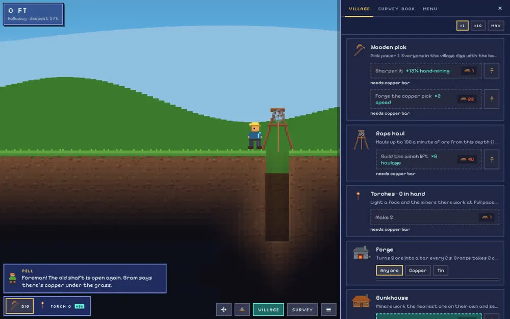 Village upgrades: picks, rope haul, torches and the forge